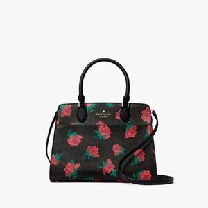 Kate Spade Madison Safiano Leather Medium Rose Toss Print Satchel Handbag